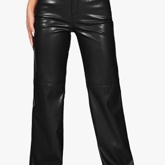 MakeMeChic Women's Faux Leather Pants Straight Wide Leg Leather Pants Black - Picture 1 of 8